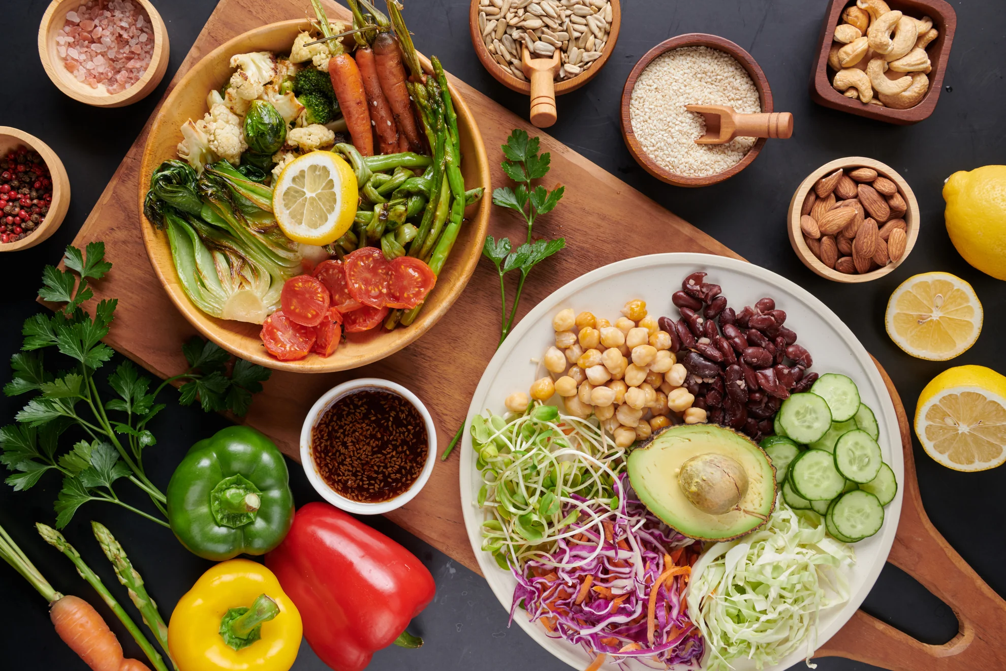Clock and fresh ingredients on a kitchen counter